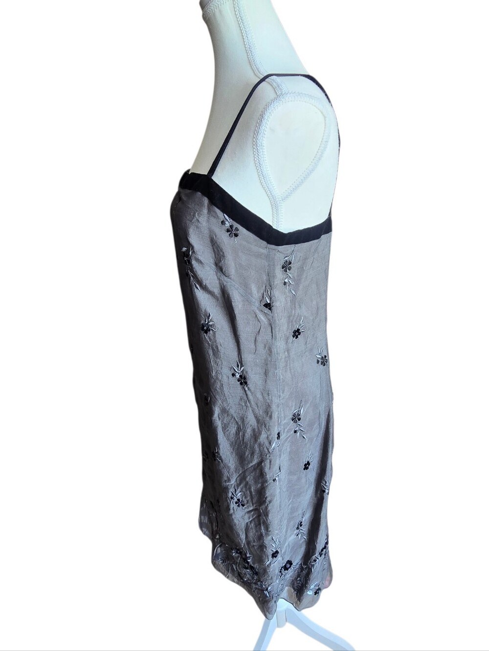 Vintage Ann Taylor Y2K 100% Silk Black Floral Embroidered Velvet Trim Dress 12 - Picture 7 of 9
